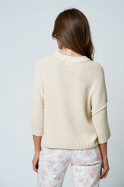 CREW NECK DROP SHOULDER RAW EDGE KNIT TOP