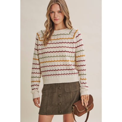 ARTISAN MULTI-COLOR CROCHET-LIKE SCALLOP STRIPE SWEATER