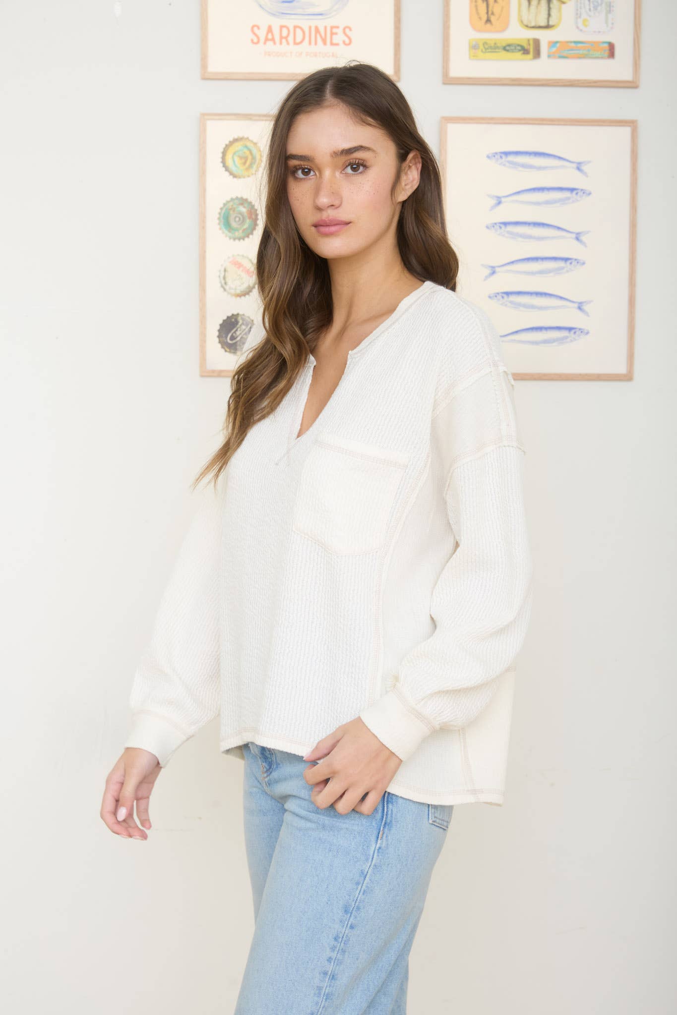 Lime Light Split Neck Ribbed Knit Top