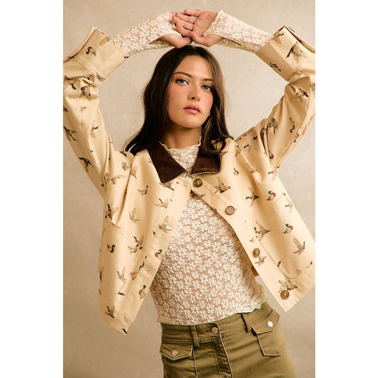 Feather and Field Mallard Duck Print Corduroy Collar Jacket