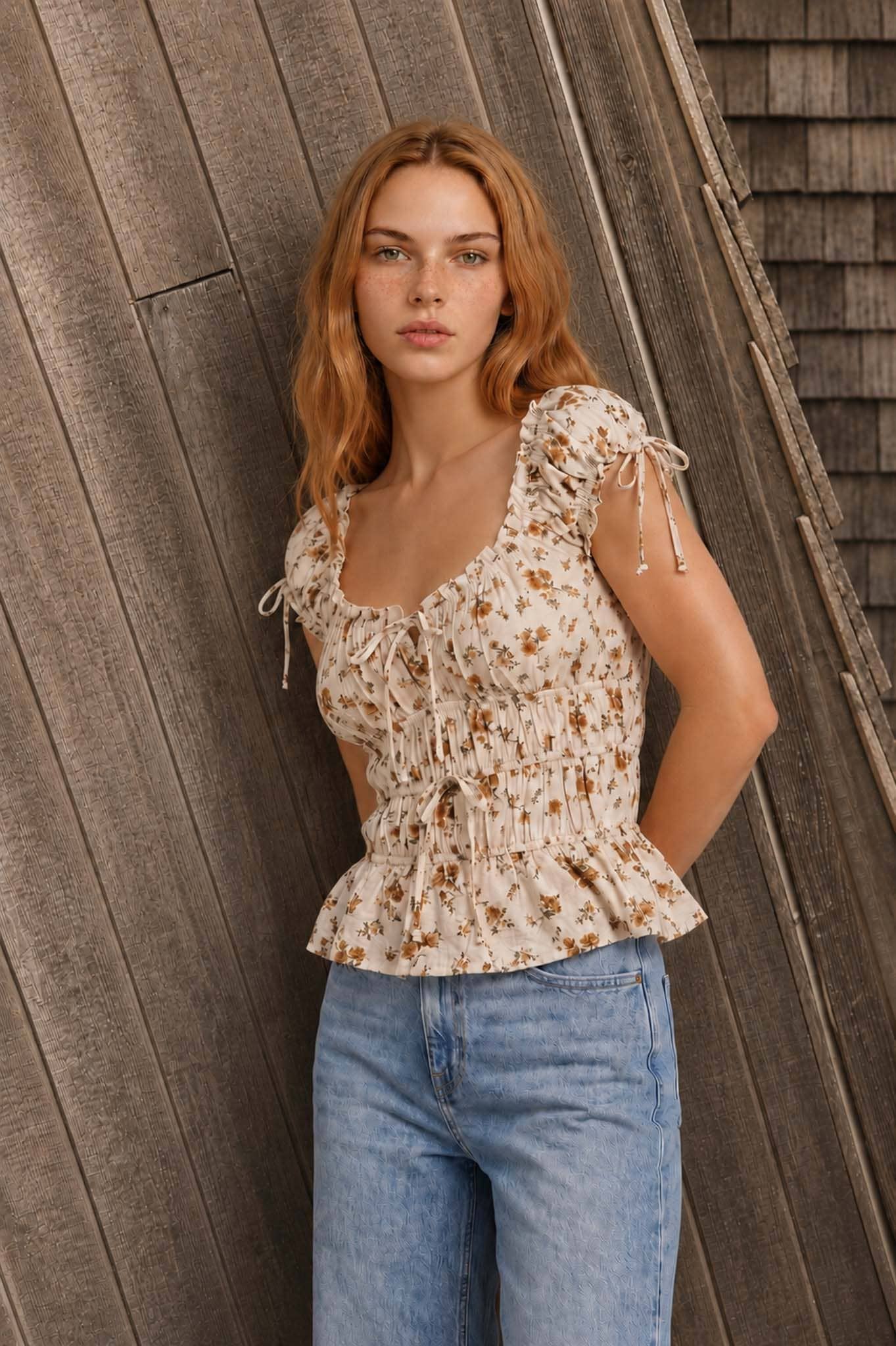 FLORAL FRONT TIE SHIRRED WAIST RUFFLED TOP