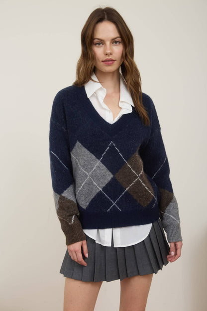 Campus Visits Argyle V Neck  Pullover Sweater