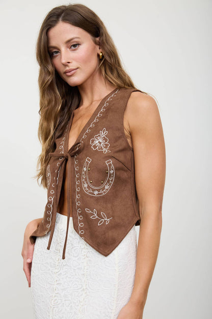 HORSE SHOE EMBROIDERY FRONT TIE SUEDE VEST