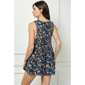 Floral Pleated V Neck Sleeveless Romper