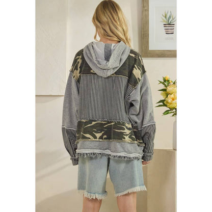 Oli & Hali Mixed Fabric  Hooded Button Down Jacket