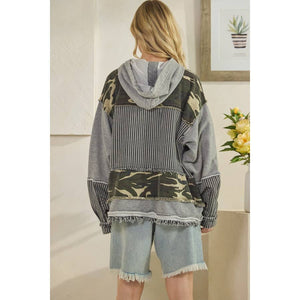 Oli & Hali Mixed Fabric  Hooded Button Down Jacket