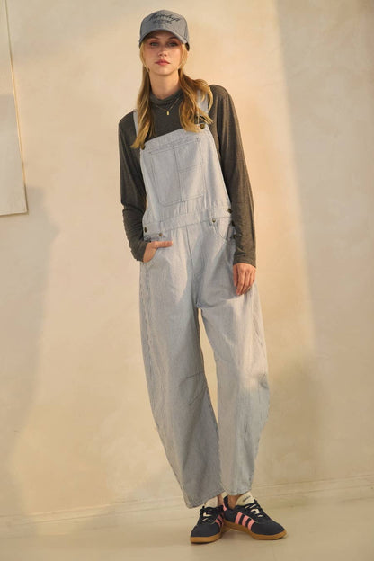 Pinstriped Barrel-Leg Overalls