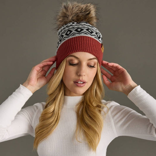 Gray, Black & Rust Pattern Pom Hat