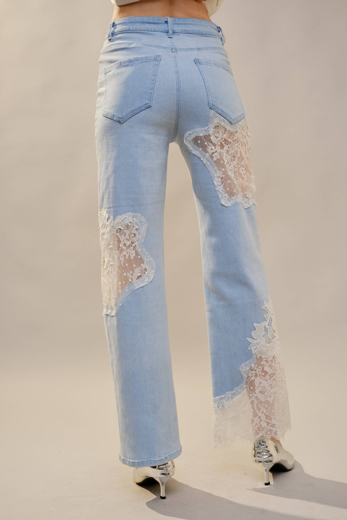 Lace Patchwork Straight Leg Jeans