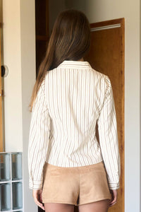 Pulling Strings Striped Collared Long Sleeve Front Tie Shirt