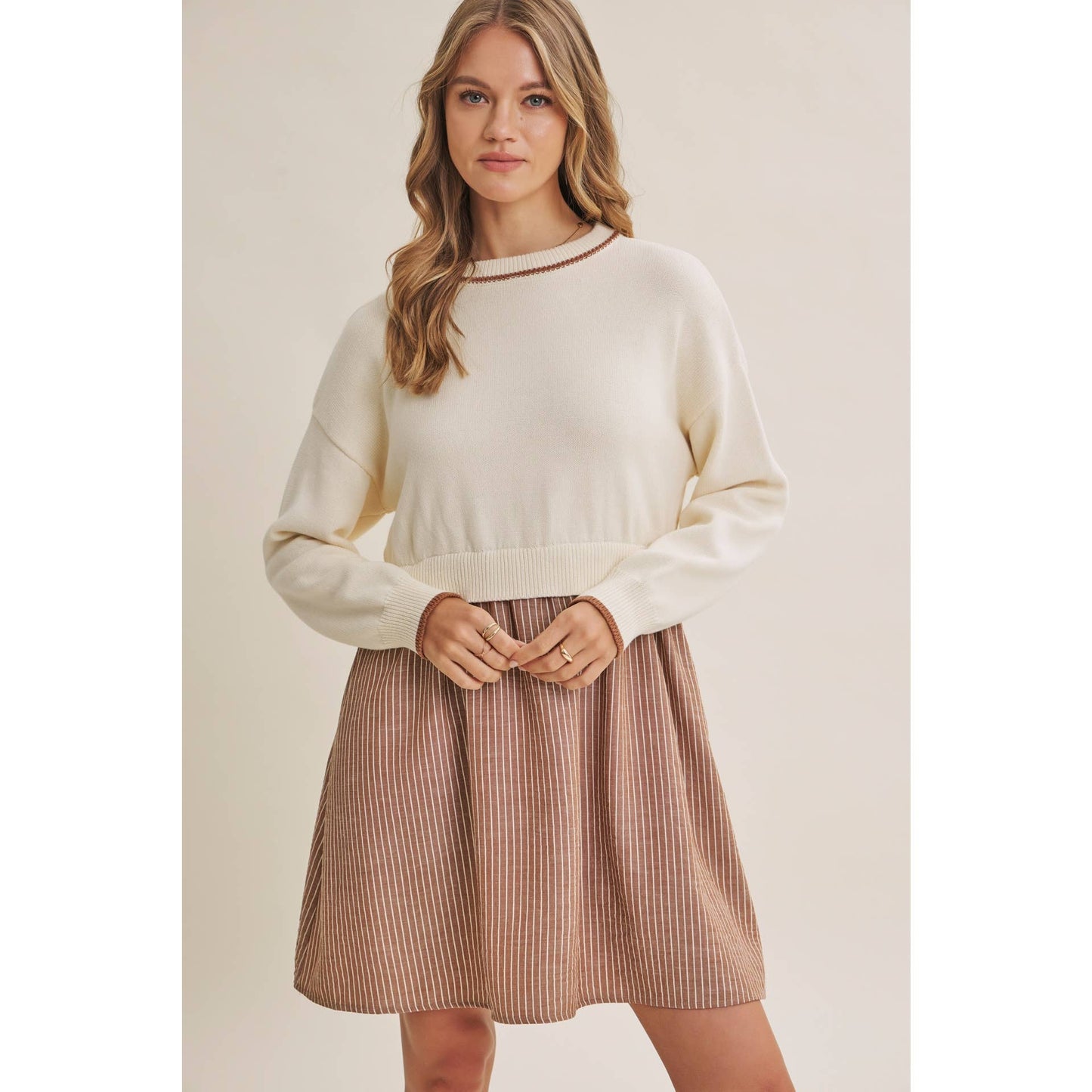 GOLDEN FIELDS LAYERED CONTRAST TWOFER STRIPE MINI DRESS