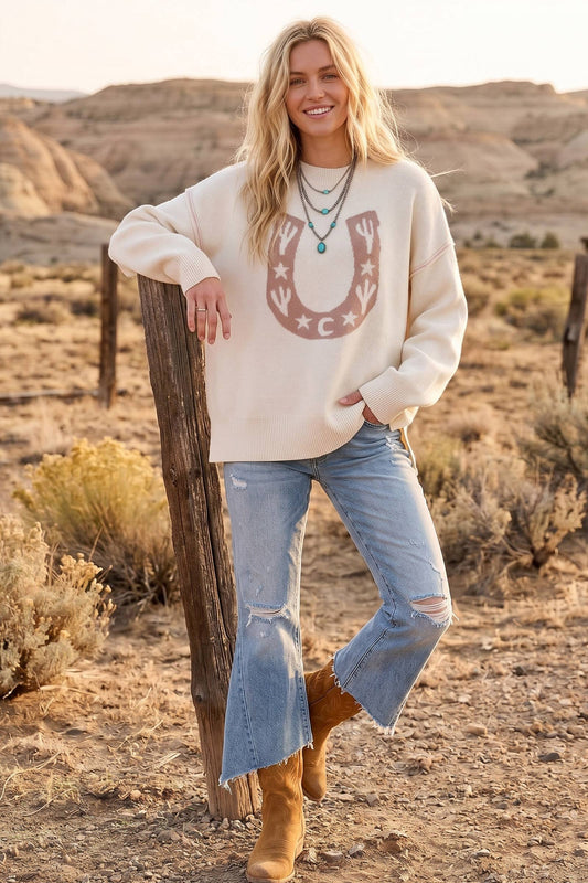 Western Horseshoe Cactus Knit Sweater