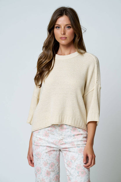 CREW NECK DROP SHOULDER RAW EDGE KNIT TOP