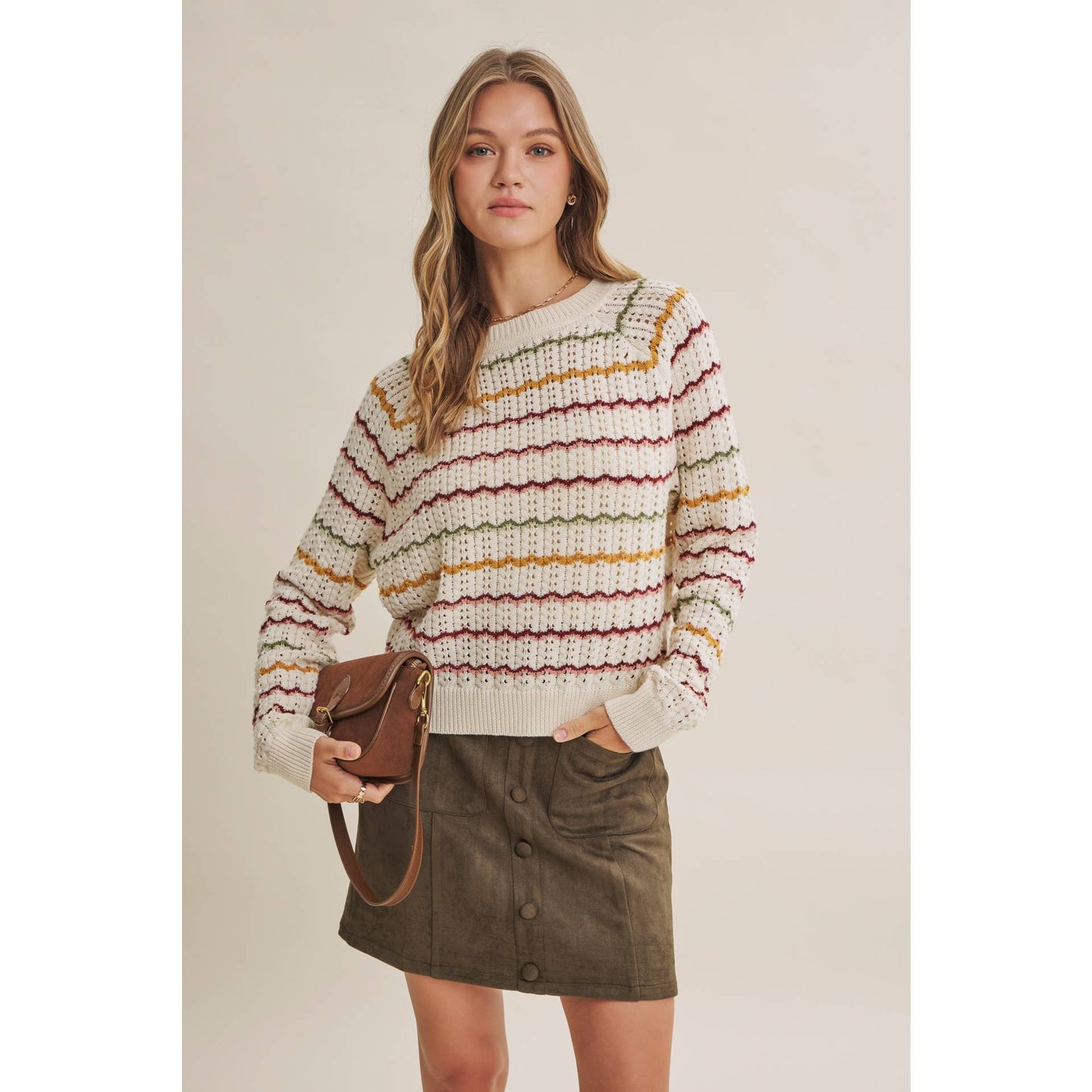ARTISAN MULTI-COLOR CROCHET-LIKE SCALLOP STRIPE SWEATER