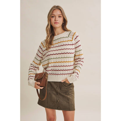 ARTISAN MULTI-COLOR CROCHET-LIKE SCALLOP STRIPE SWEATER