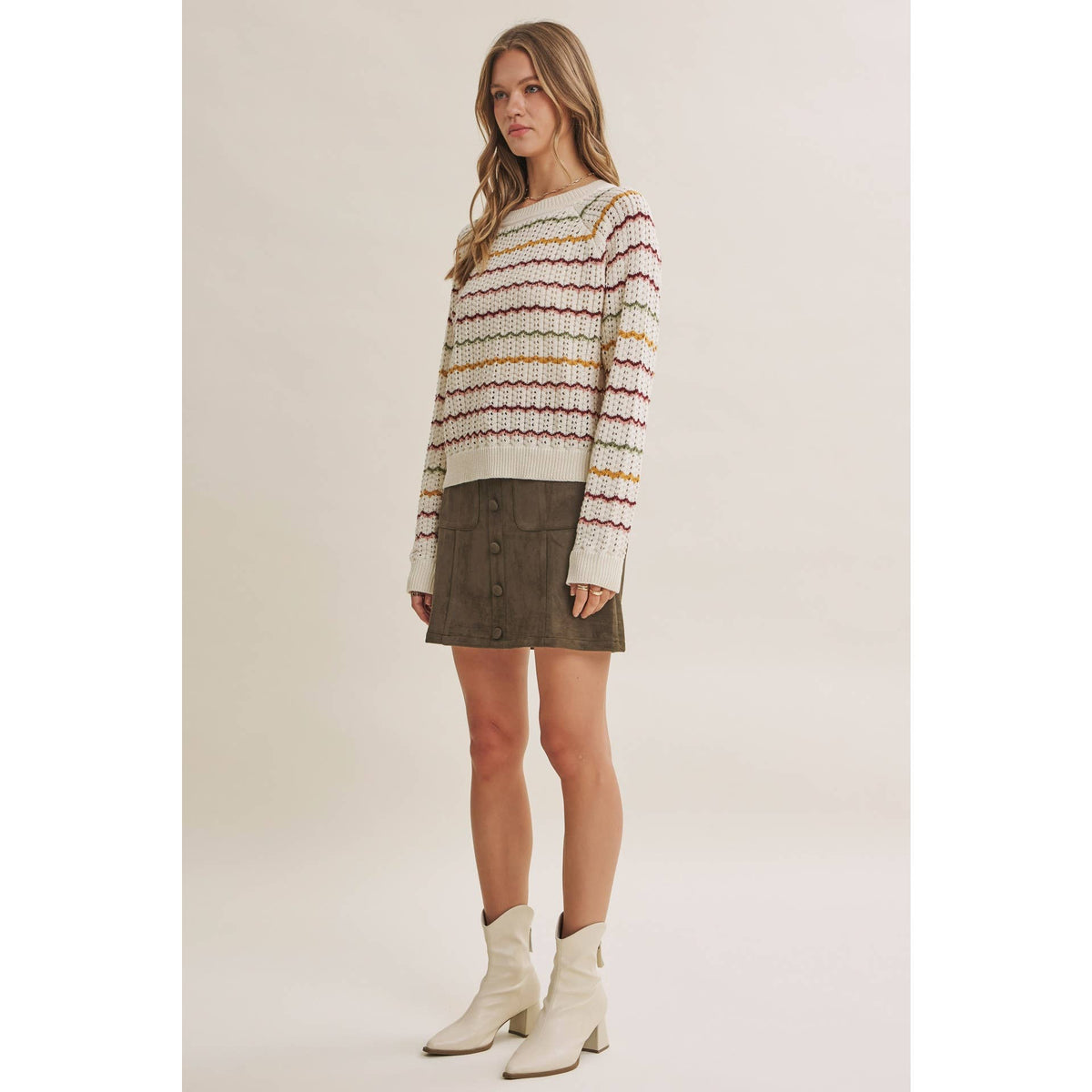ARTISAN MULTI-COLOR CROCHET-LIKE SCALLOP STRIPE SWEATER