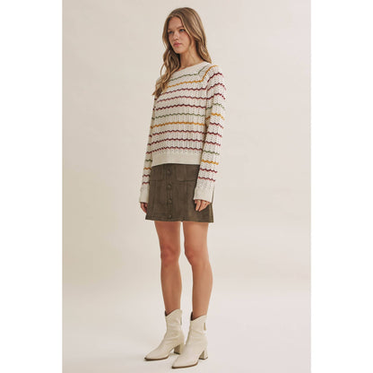 ARTISAN MULTI-COLOR CROCHET-LIKE SCALLOP STRIPE SWEATER