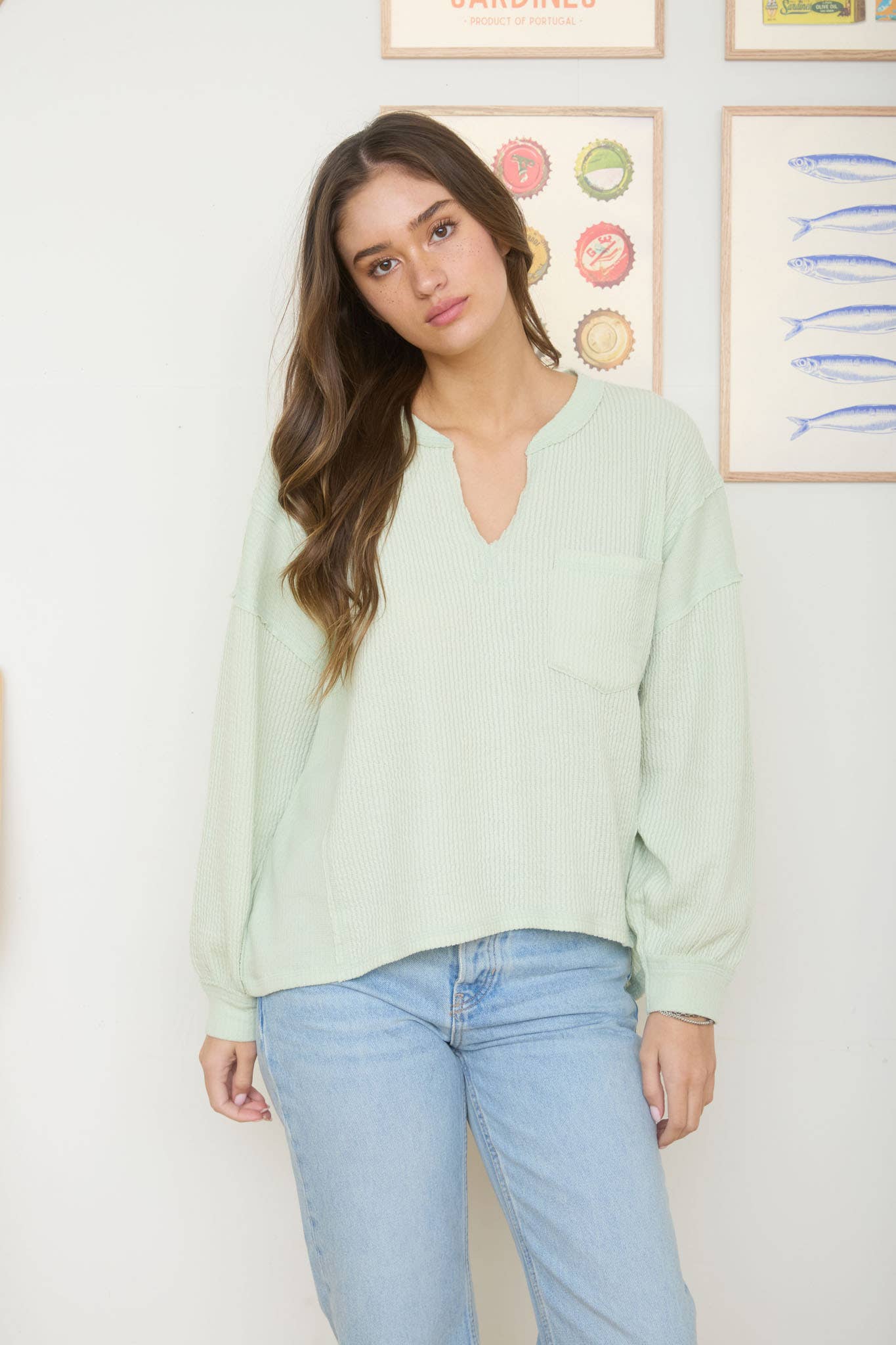 Lime Light Split Neck Ribbed Knit Top
