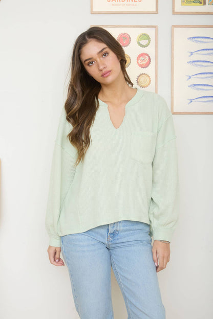 Lime Light Split Neck Ribbed Knit Top