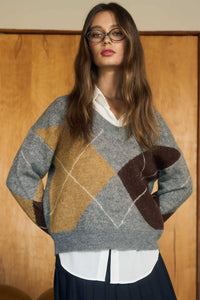 Campus Visits Argyle V Neck  Pullover Sweater