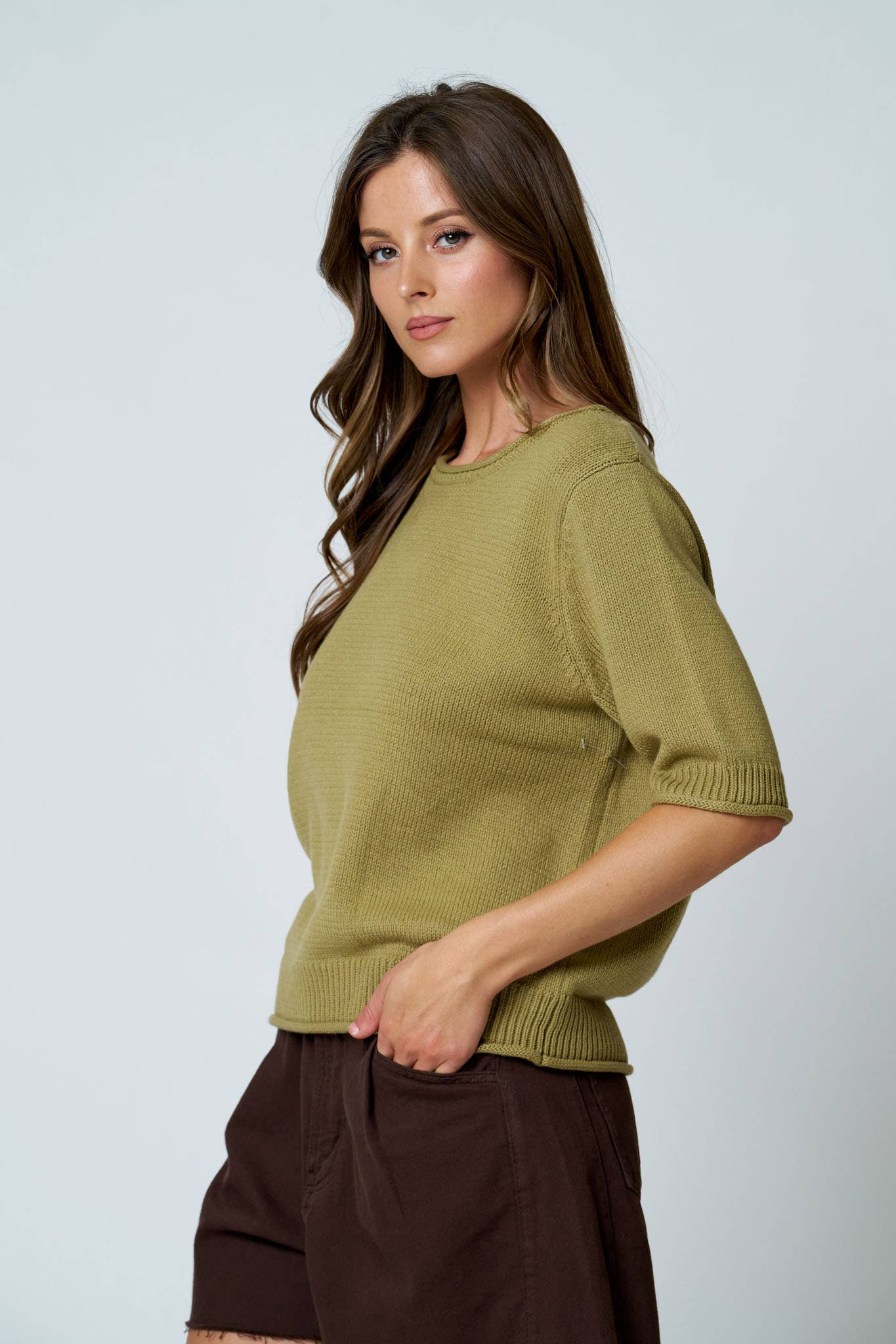 RAW EDGE HALF SLEEVE SWEATER KNIT TOP