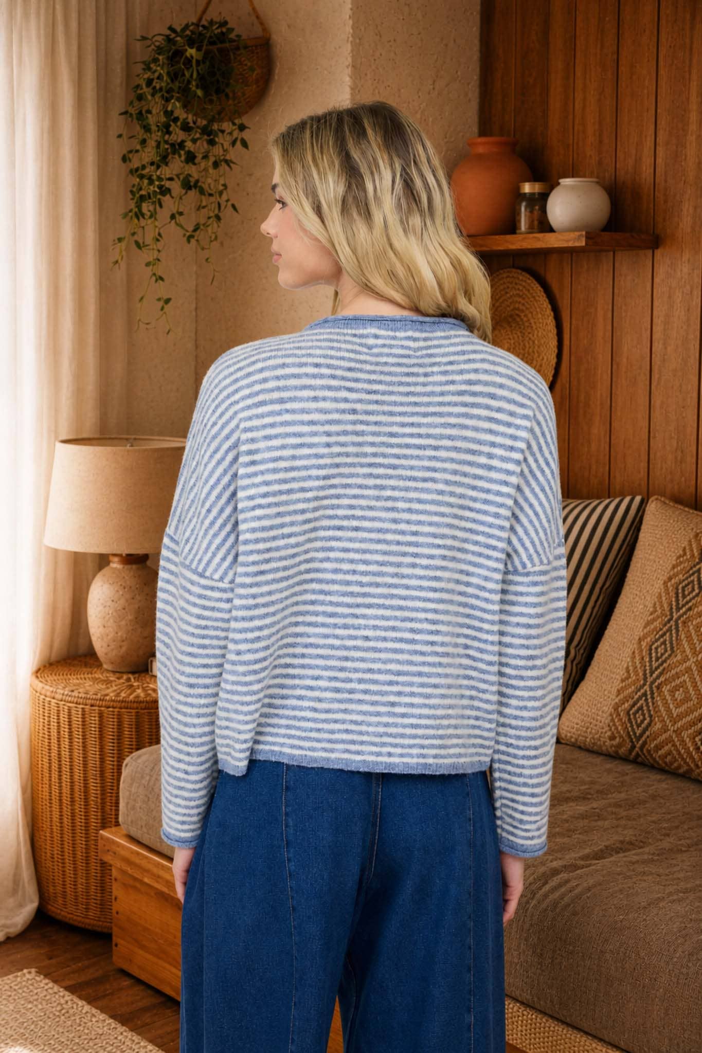 STRIPE RAW EDGE DROP SHOULDER KNIT CARDIGAN