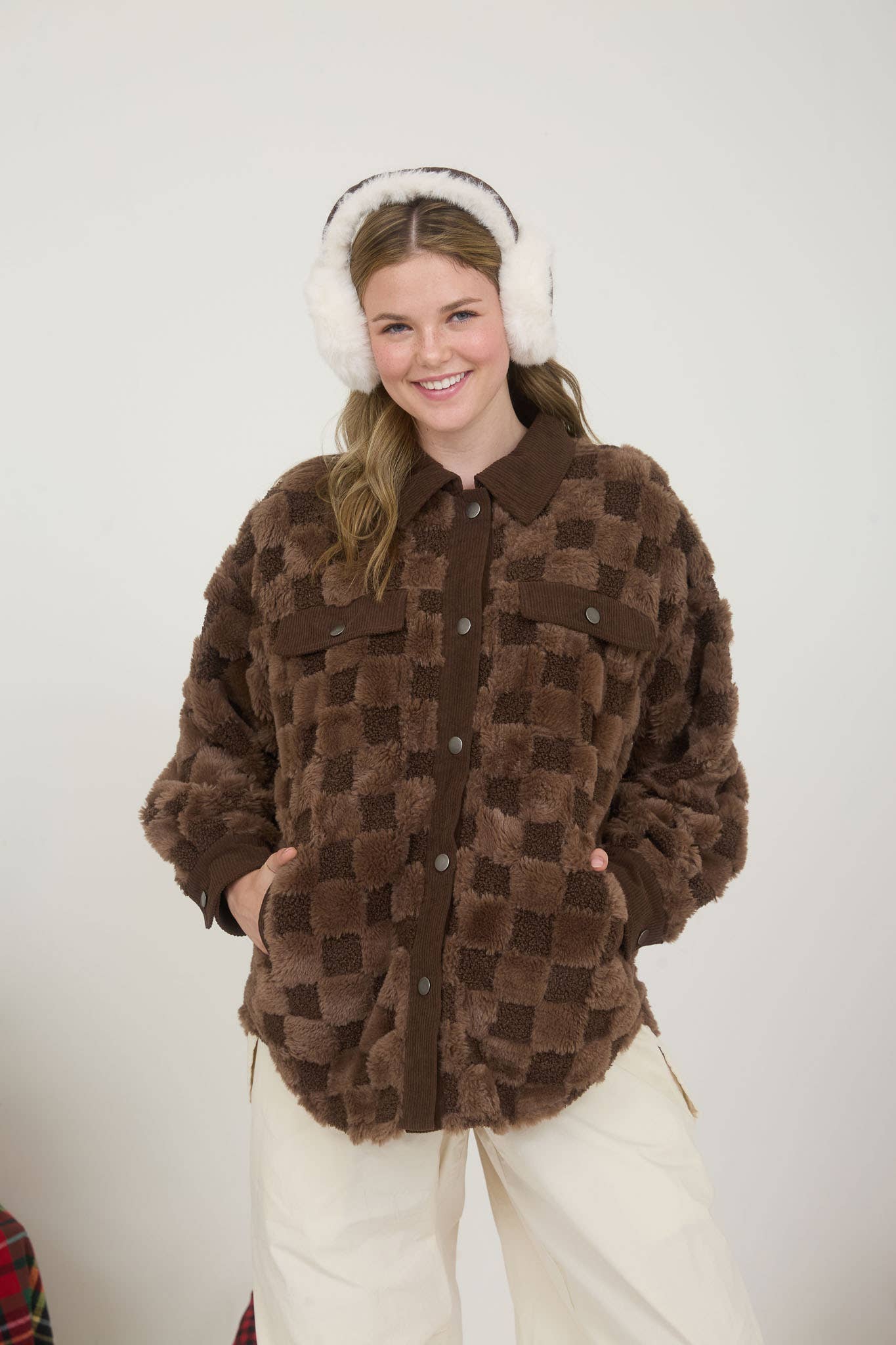 Snuggle Bug Checkered Faux Shearling Button Down Shacket
