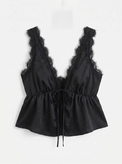 LACE TRIM PEPLUM TIE FRONT TOP