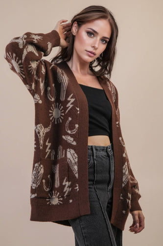 Oversized Western Graphic Knit Sweater Cardigan