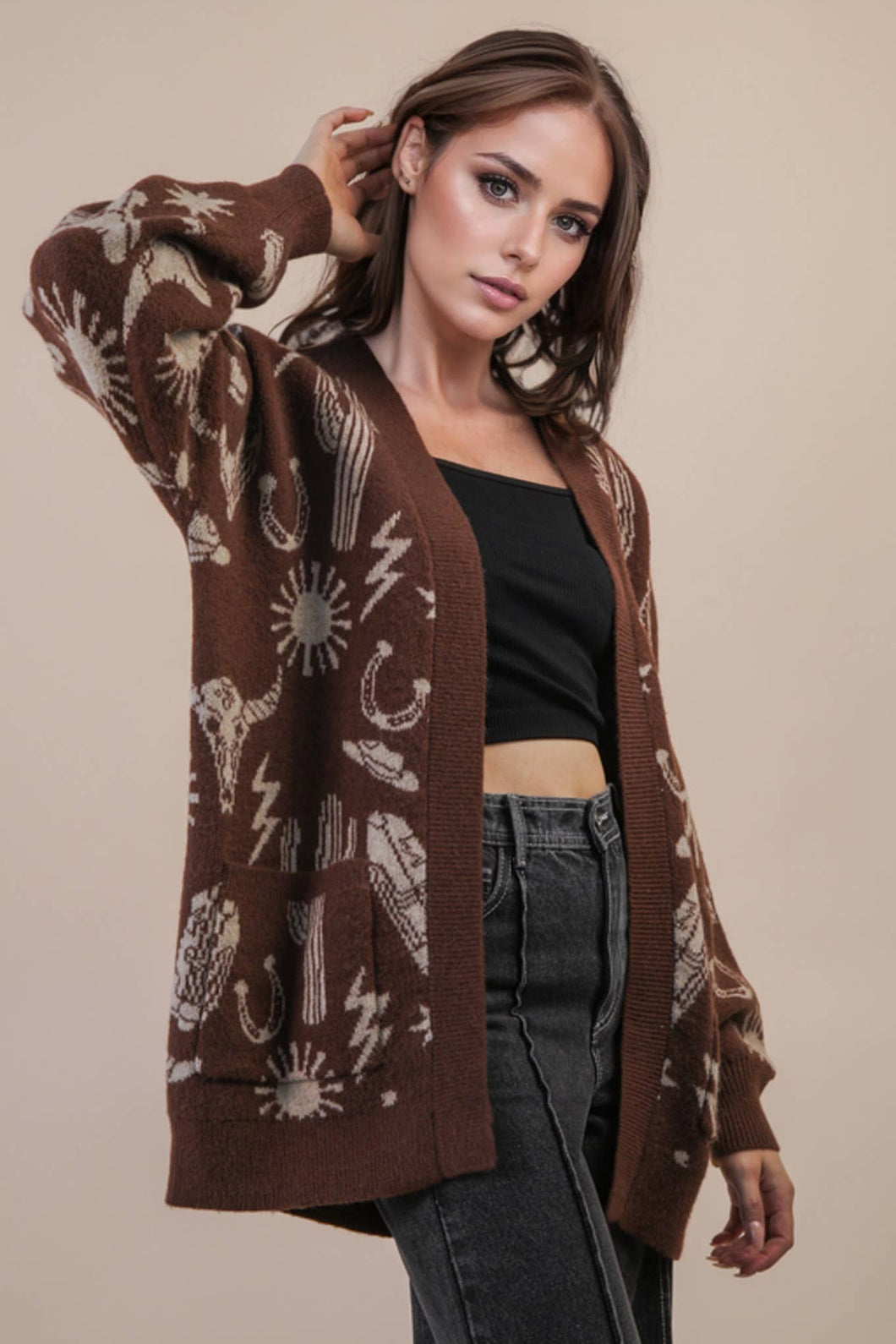 Oversized Western Graphic Knit Sweater Cardigan