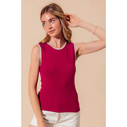 RIB SLEEVELESS TANK TOP EMBROIDERY DETAIL