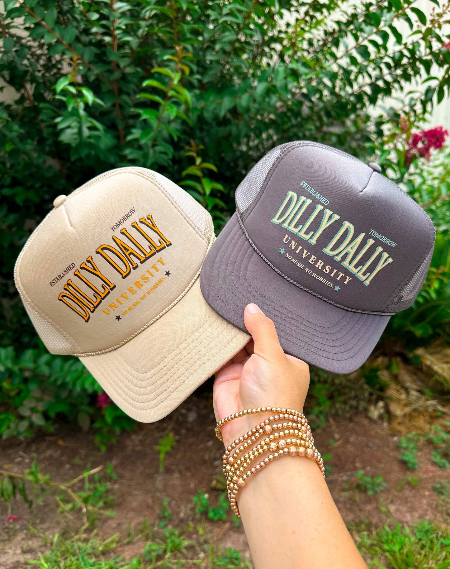 Dilly Dally University (yellow font) Khaki Trucker Hat