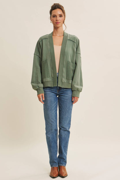 COZY FAVORITE MINERAL-WASHED FRENCH TERRY CARDIGAN