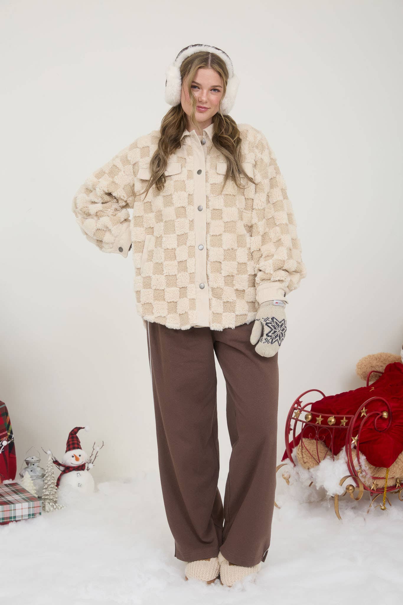 Snuggle Bug Checkered Faux Shearling Button Down Shacket