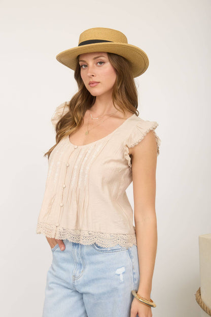 EMBROIDERY LACE TRIM PINTUCK BUTTON DOWN TOP