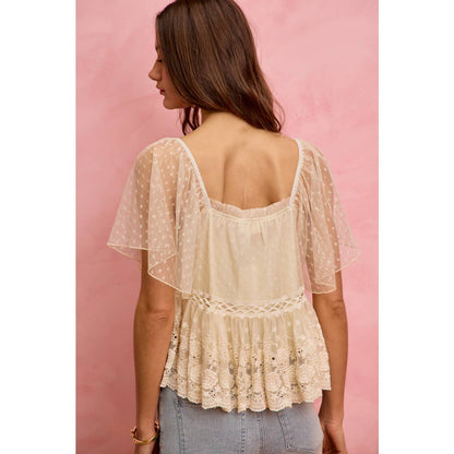 BOHEMIAN LACE TRIM RUFFLED MESH DOT BLOUSE TOP