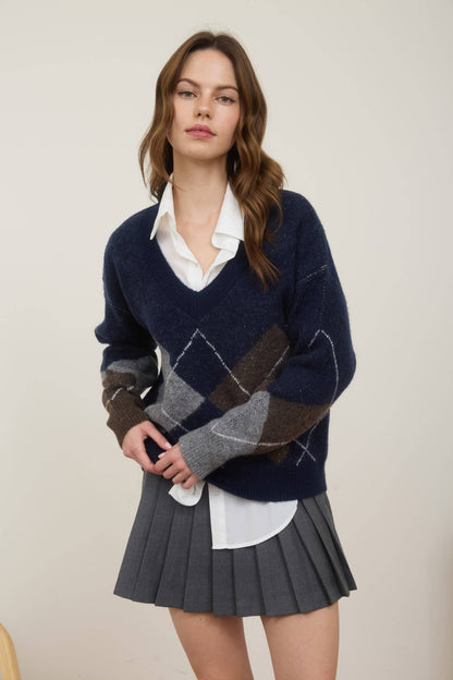 Campus Visits Argyle V Neck  Pullover Sweater