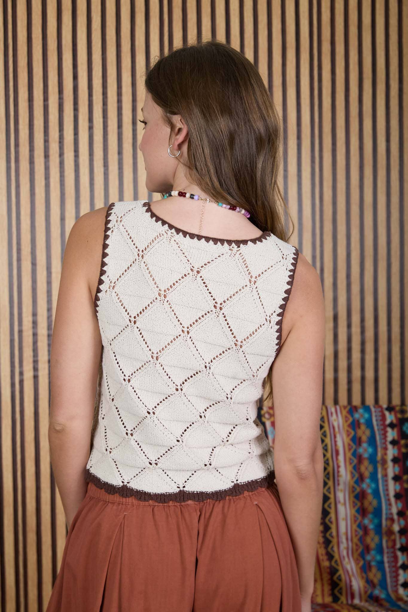 CONTRAST STITCH CROCHET KNIT FRONT TIE VEST