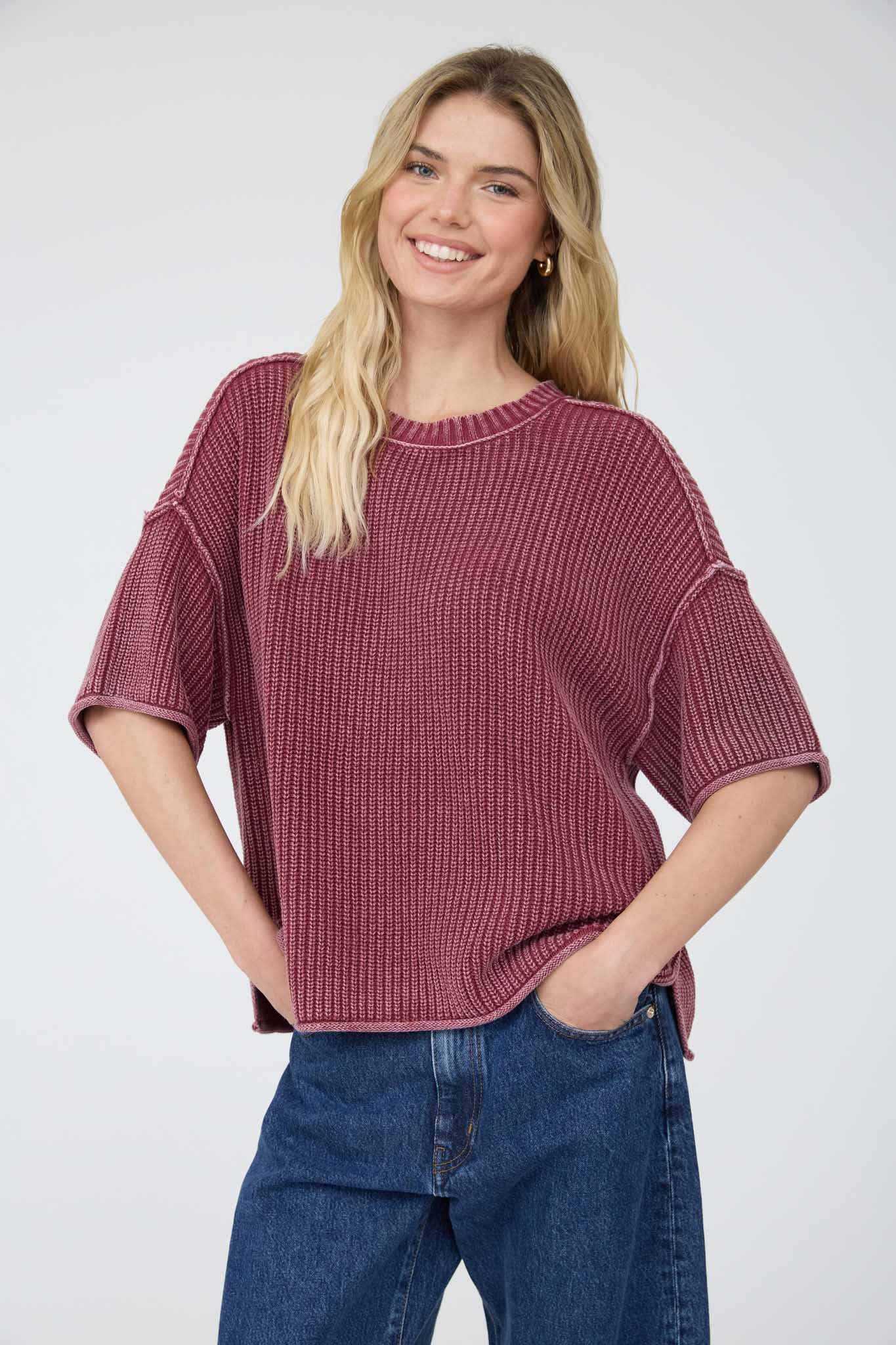 WASHED CREW NECK RAW EDGE SHORT SLEEVE SWEATER