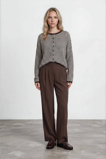 STRIPE RAW EDGE DROP SHOULDER KNIT CARDIGAN