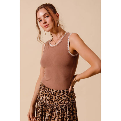 RIB SLEEVELESS TANK TOP EMBROIDERY DETAIL