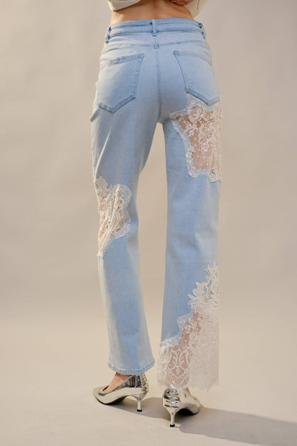 Lace Patchwork Straight Leg Jeans