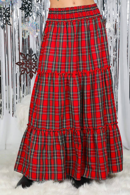 Feelin’ Festive Flowy Plaid Tiered Maxi Skirt