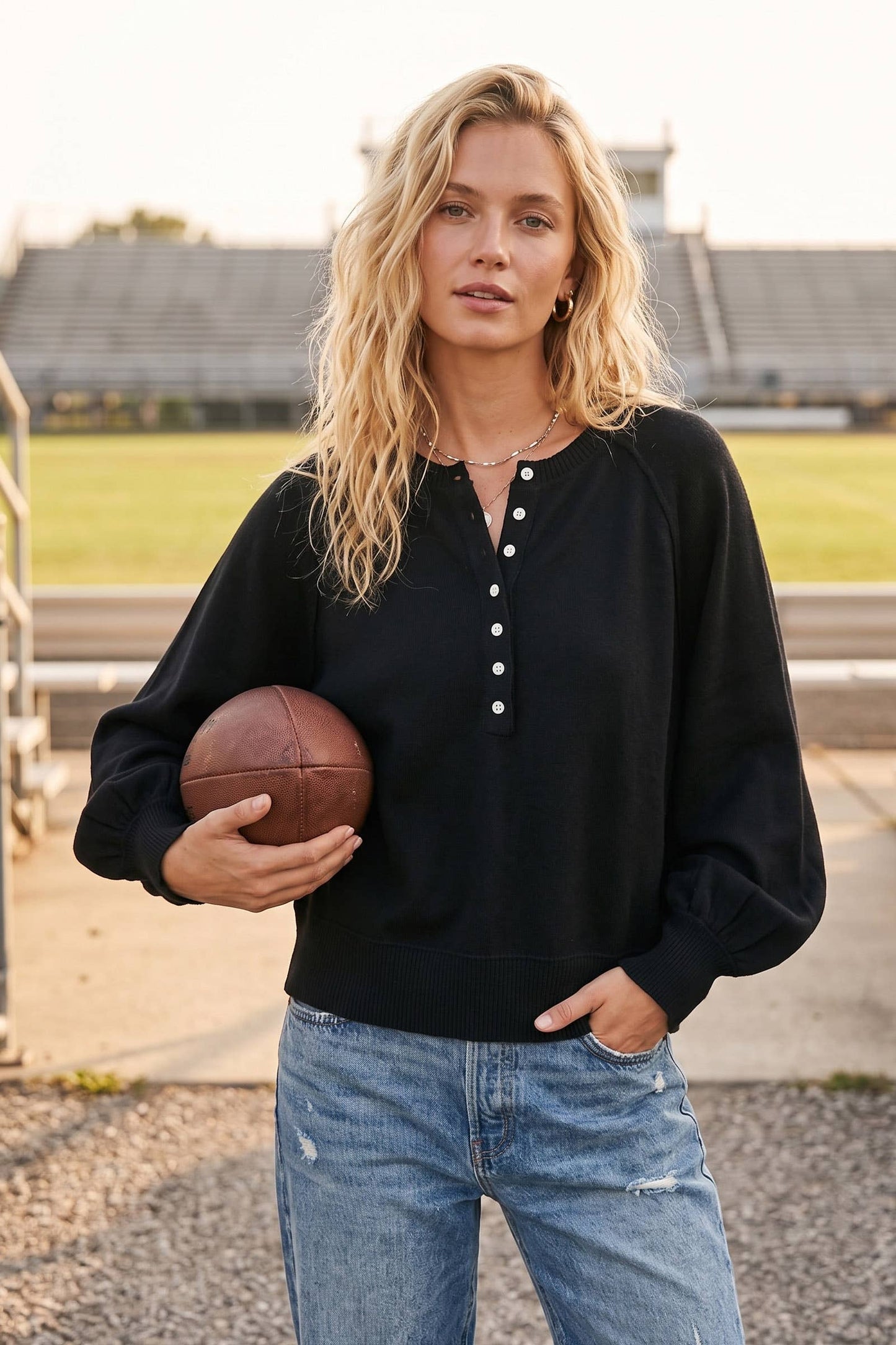 Sunday Social Henley Balloon Sleeve Sweater