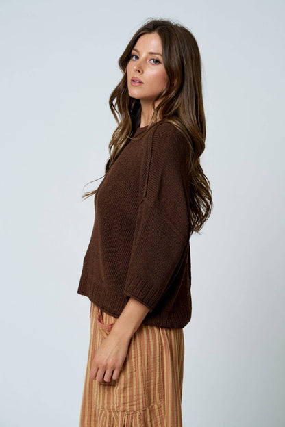 CREW NECK DROP SHOULDER RAW EDGE KNIT TOP