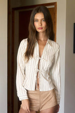 Load image into Gallery viewer, Pulling Strings Striped Collared Long Sleeve Front Tie Shirt
