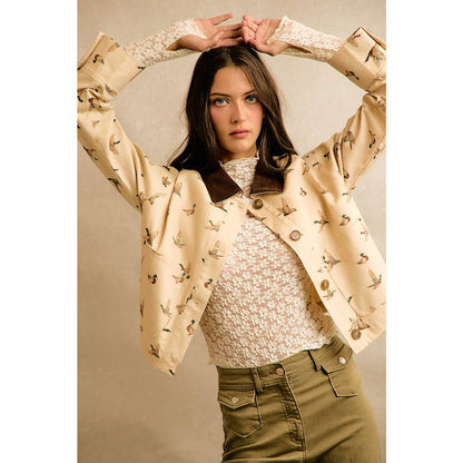 Mallard Duck Print Corduroy Collar Jacket