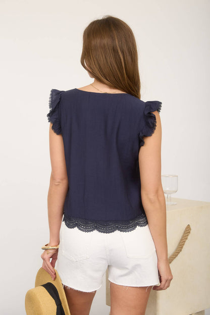 EMBROIDERY LACE TRIM PINTUCK BUTTON DOWN TOP