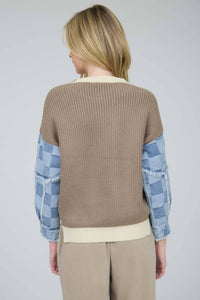 Mix & Match Checkered Denim Sleeve Knit Sweater