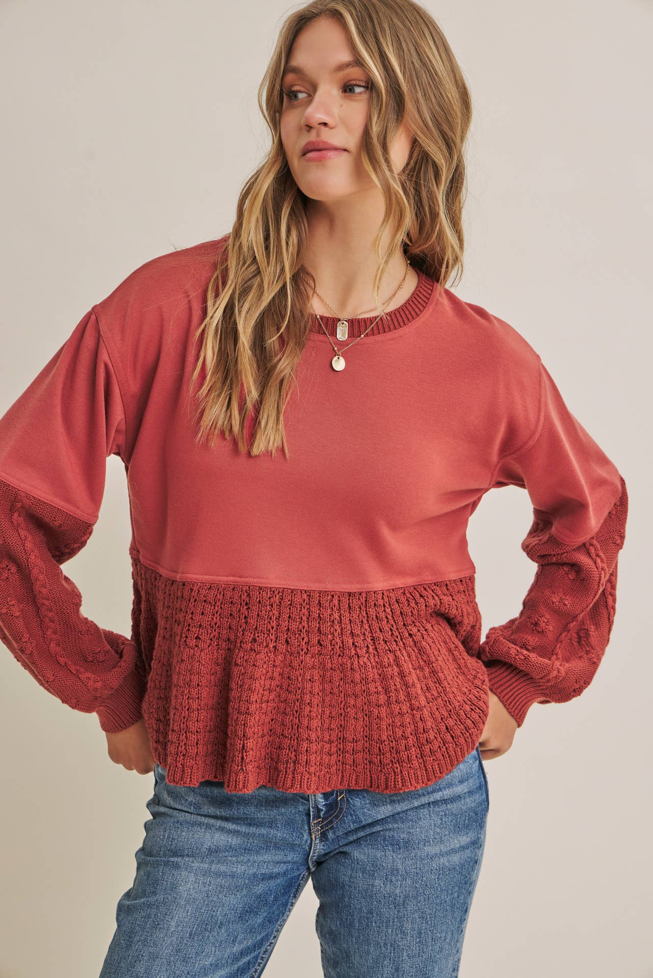 SOFT AUTUMN MIXED MEDIA SWEATER PANEL SWEATSHIRT